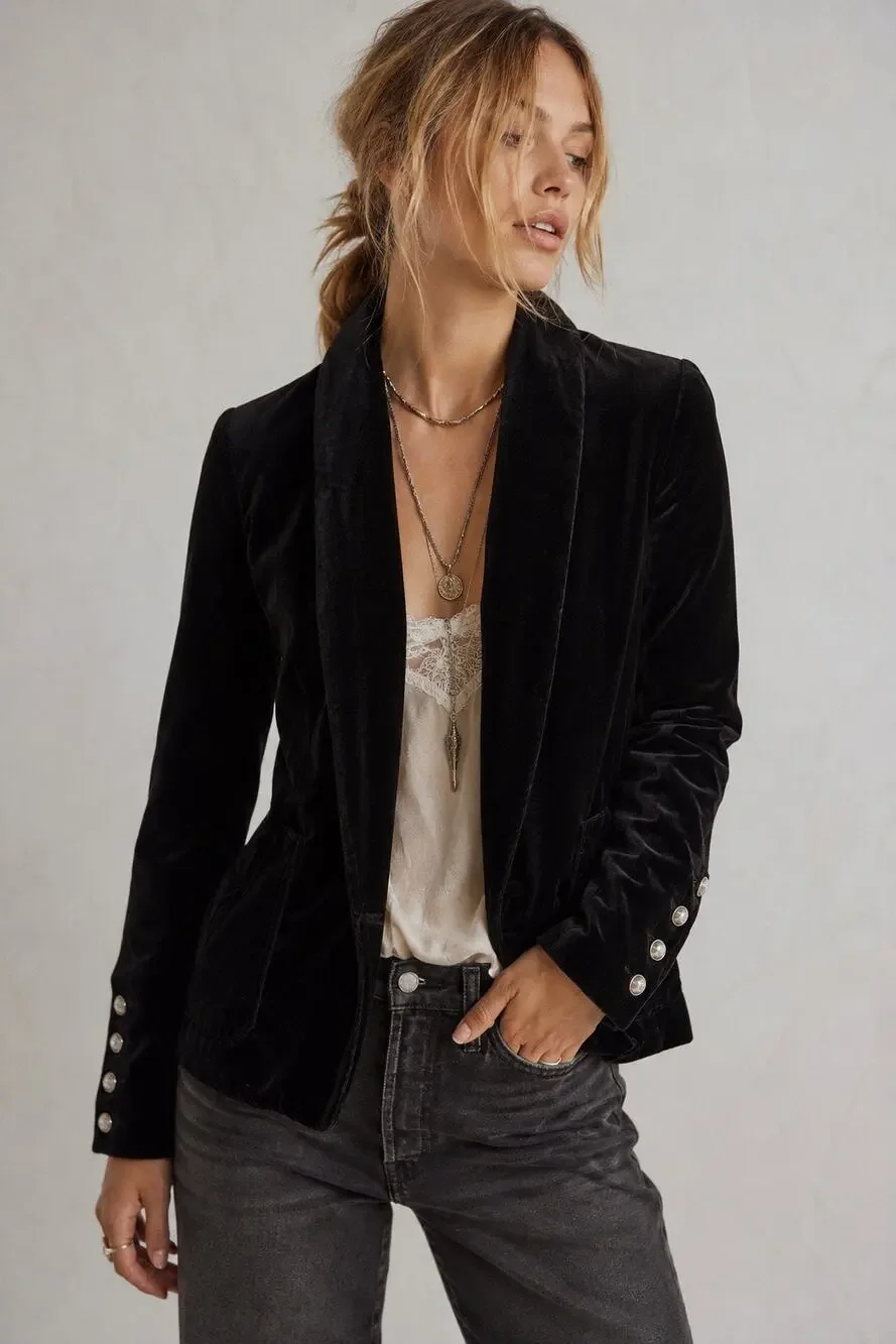 Free People Womens XS Open Front Velvet Blazer Black Victorian Regency Dark Boho